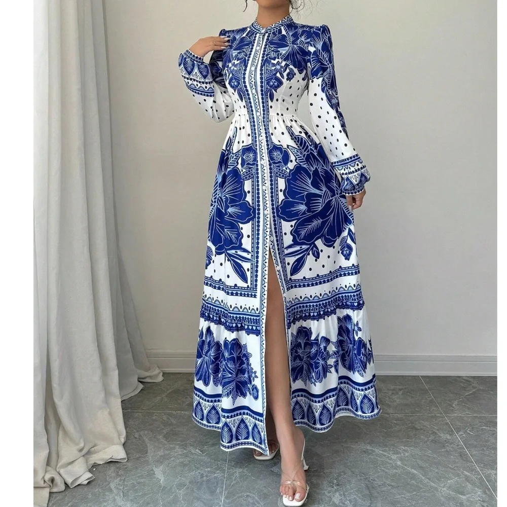 Boho Floral Print Puff Long Sleeve Button Down Frill Neck Maxi Dress - Picture 4 of 5